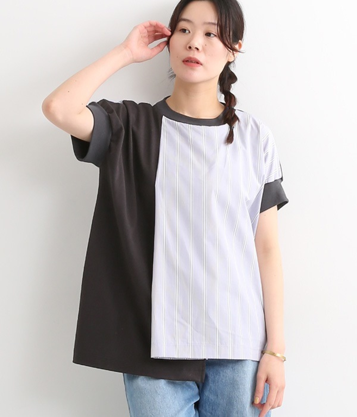 ストライプ切替フレンチスリーブTee(チャコール×ネイビー系-ONESIZE)