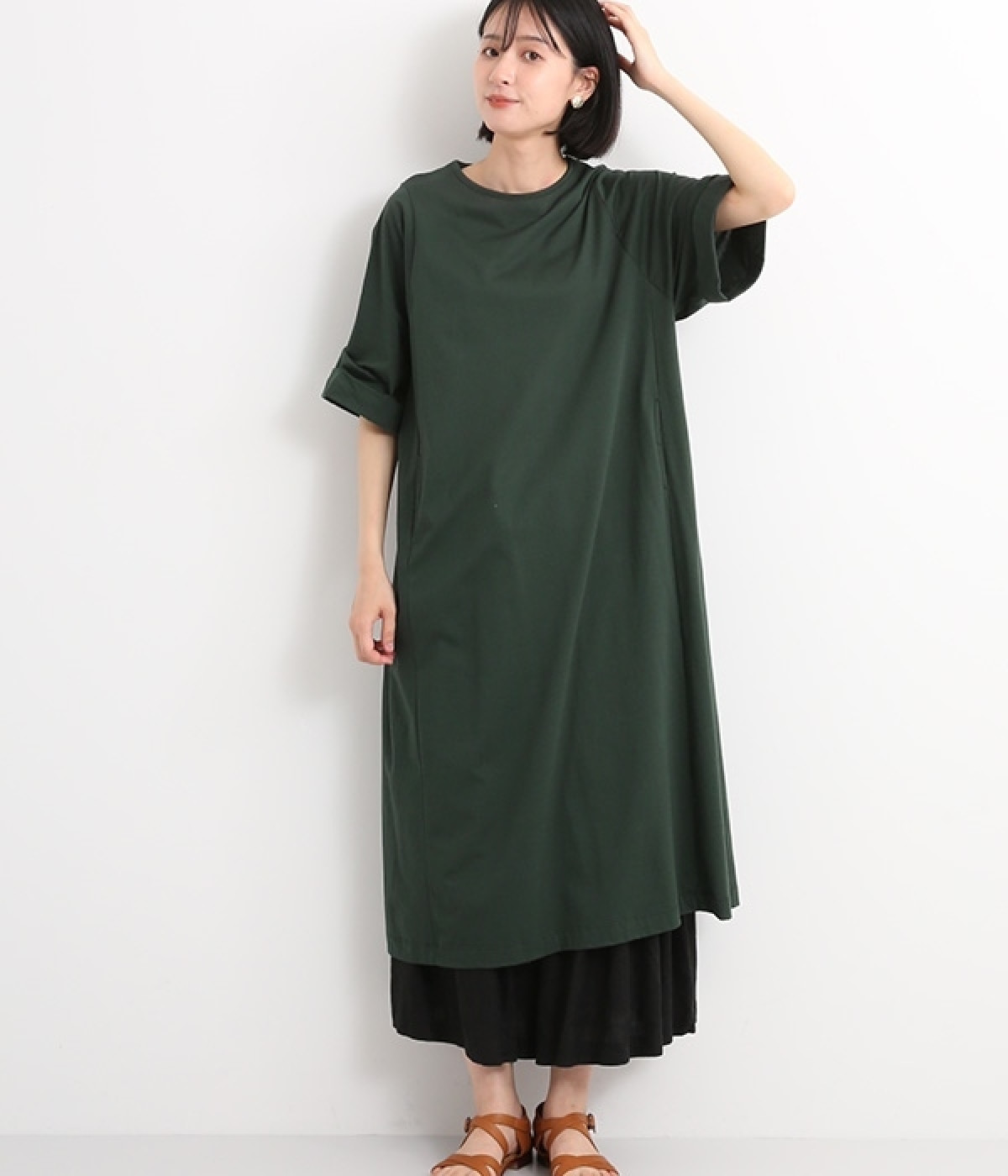 シルケット天竺コットン　BIGTEEワンピース(グリーン-ONESIZE)