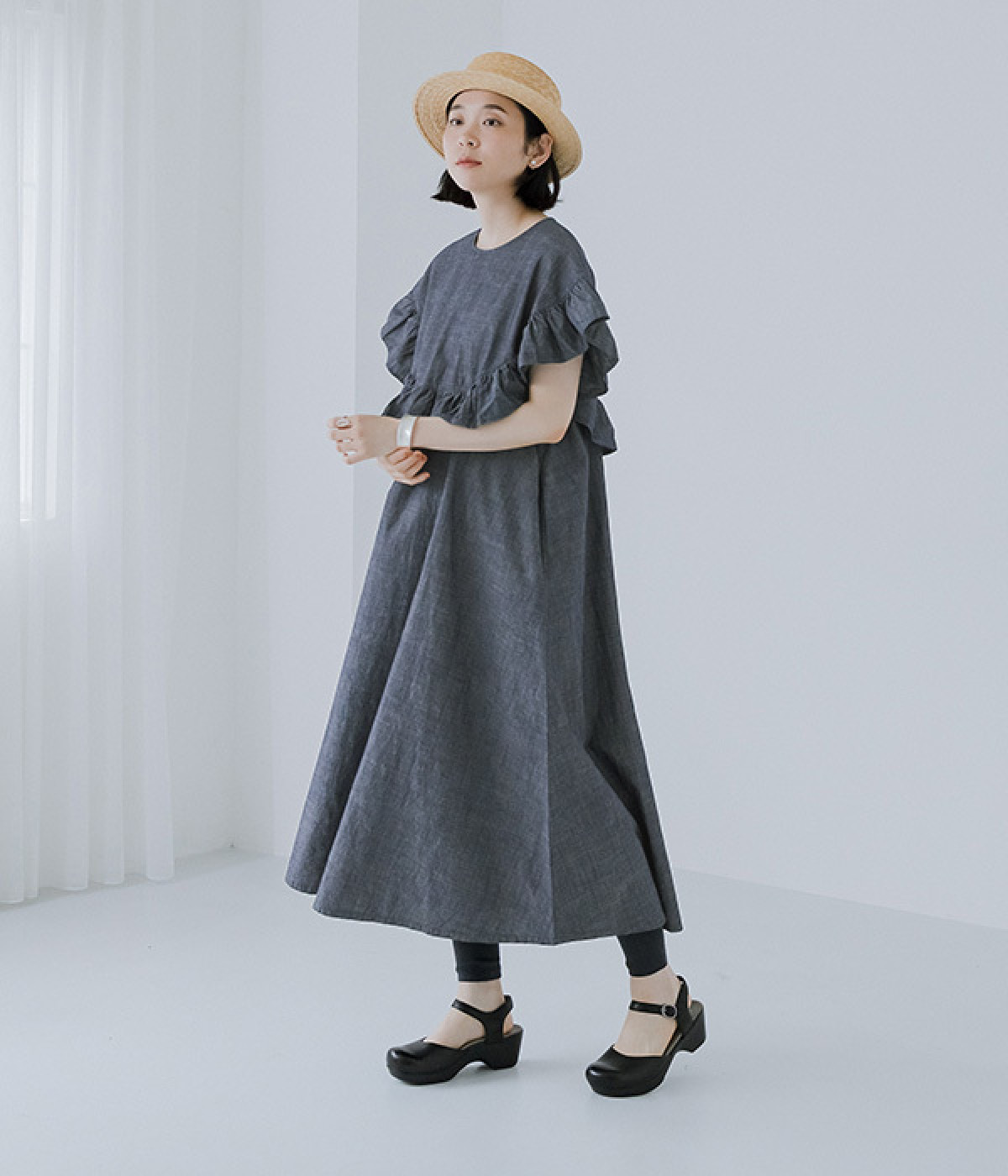 別注｜コットンリネンデニムヨーク切替ワンピース(ネイビー-ONESIZE)