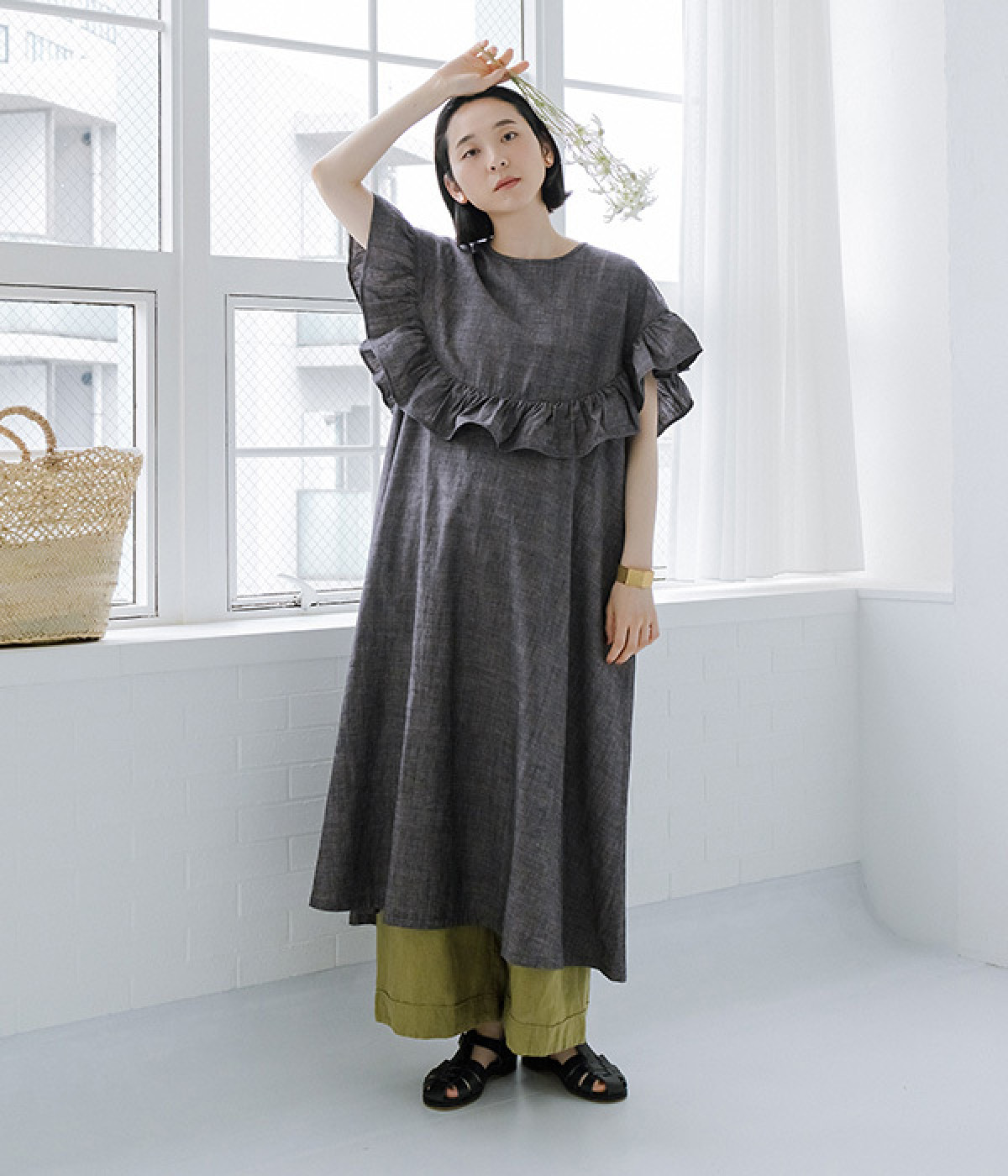 別注｜コットンリネンデニムヨーク切替ワンピース(ブラック-ONESIZE)