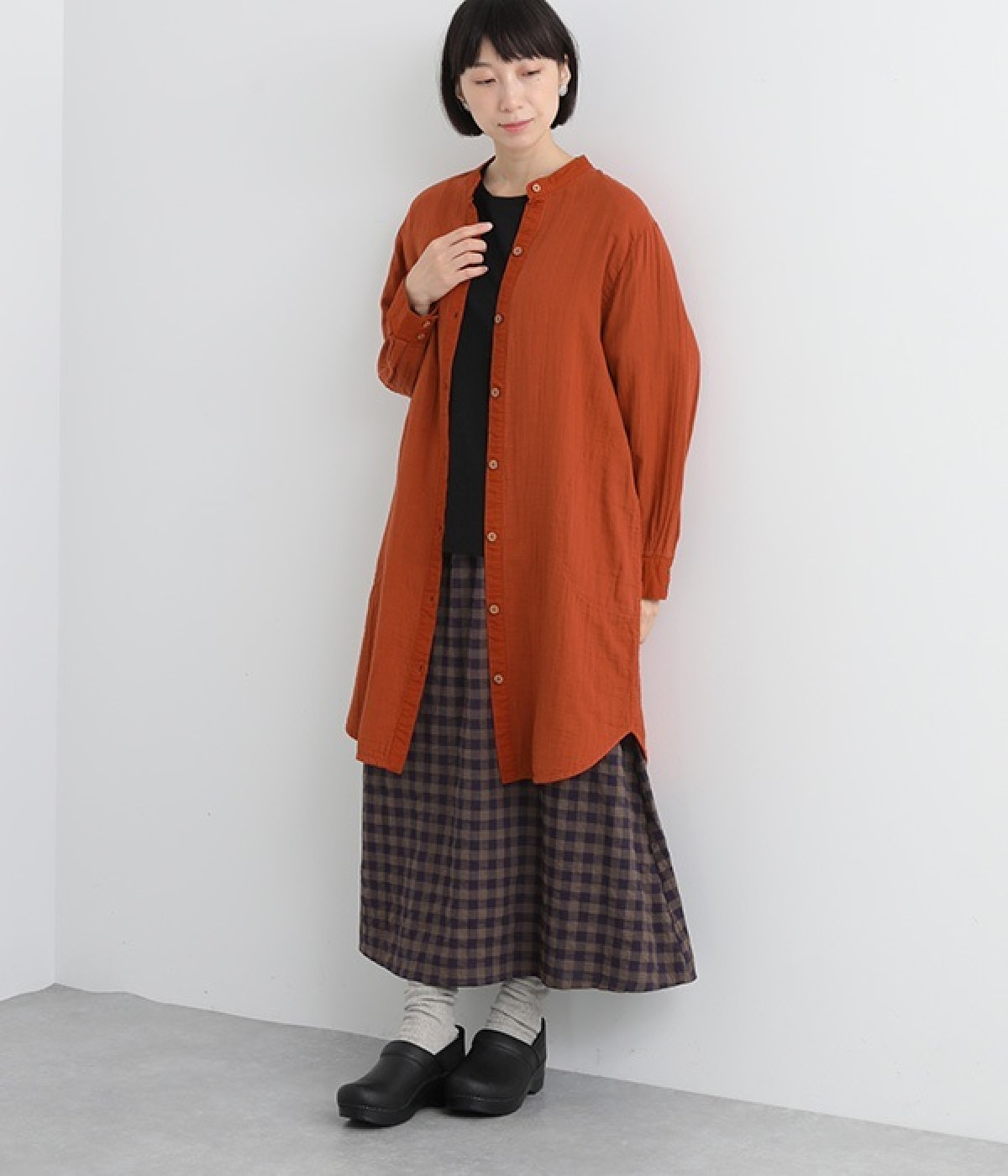 ダブルガーゼ　バンドカラー前開きワンピース(テラコッタ-ONESIZE)