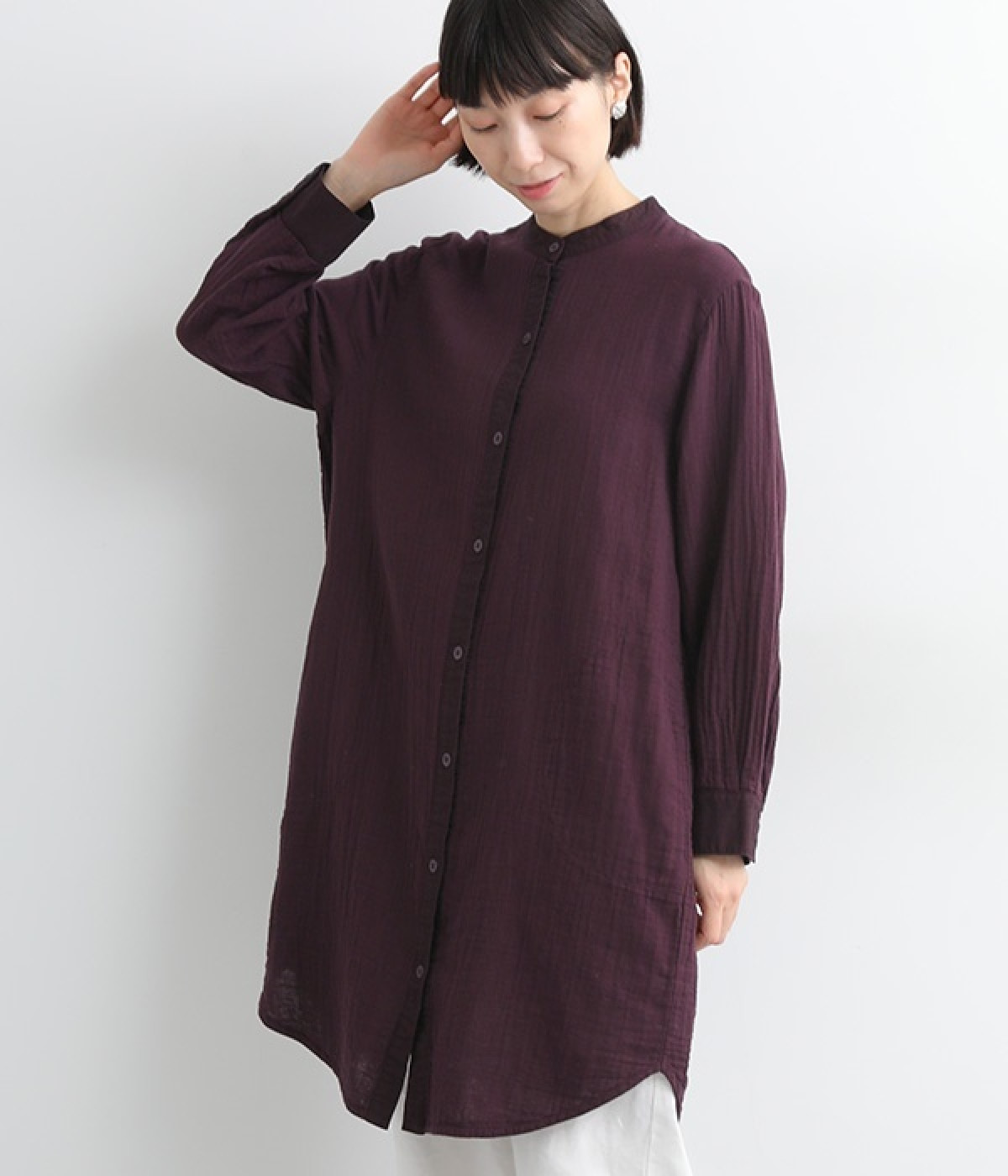 ダブルガーゼ　バンドカラー前開きワンピース(ボルドー-ONESIZE)