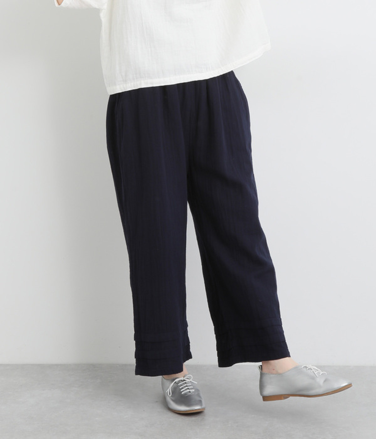 Wガーゼ裾タックワイドパンツ(藍-ONESIZE)