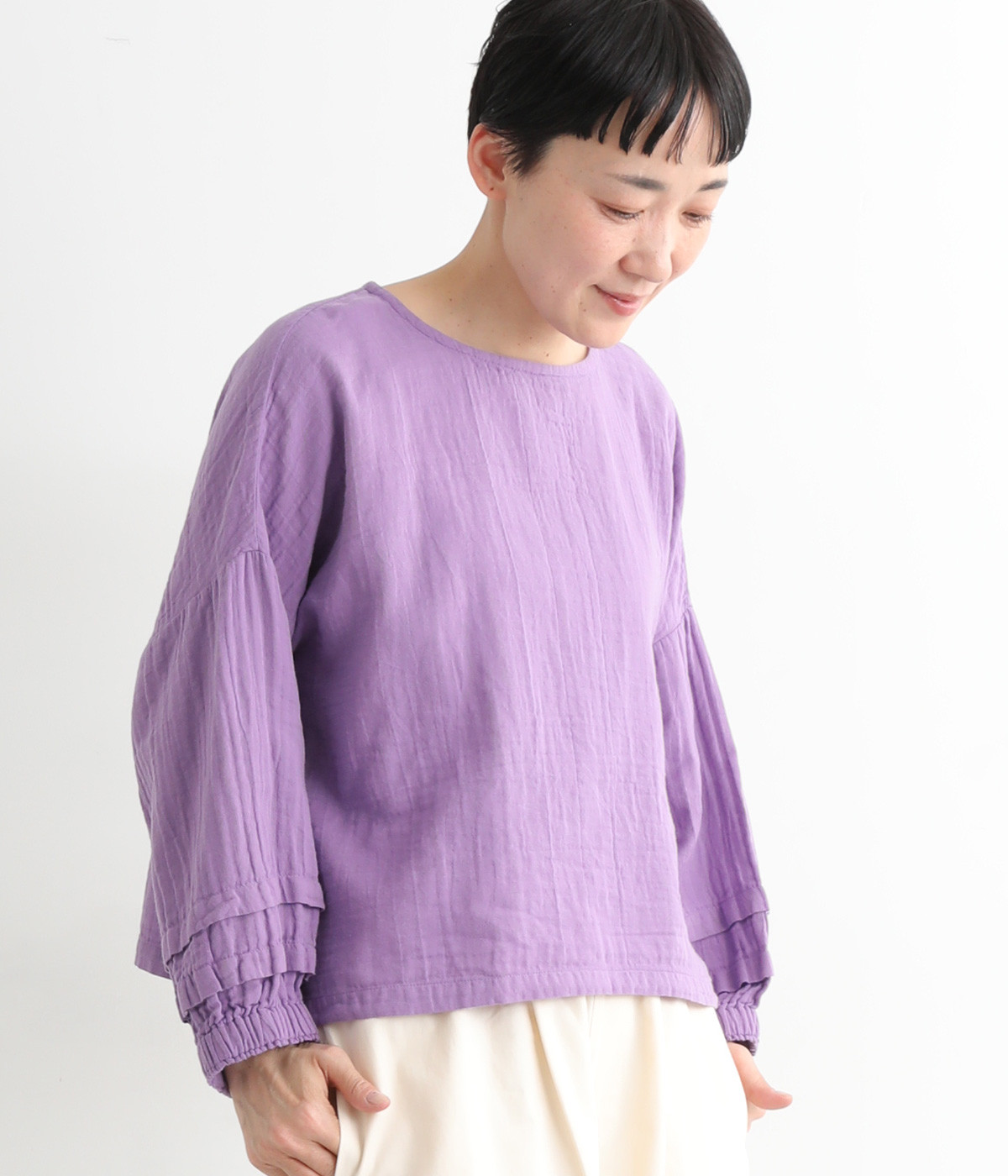 ダブルガーゼ　袖タックショートプルオーバー(ラベンダー-ONESIZE)