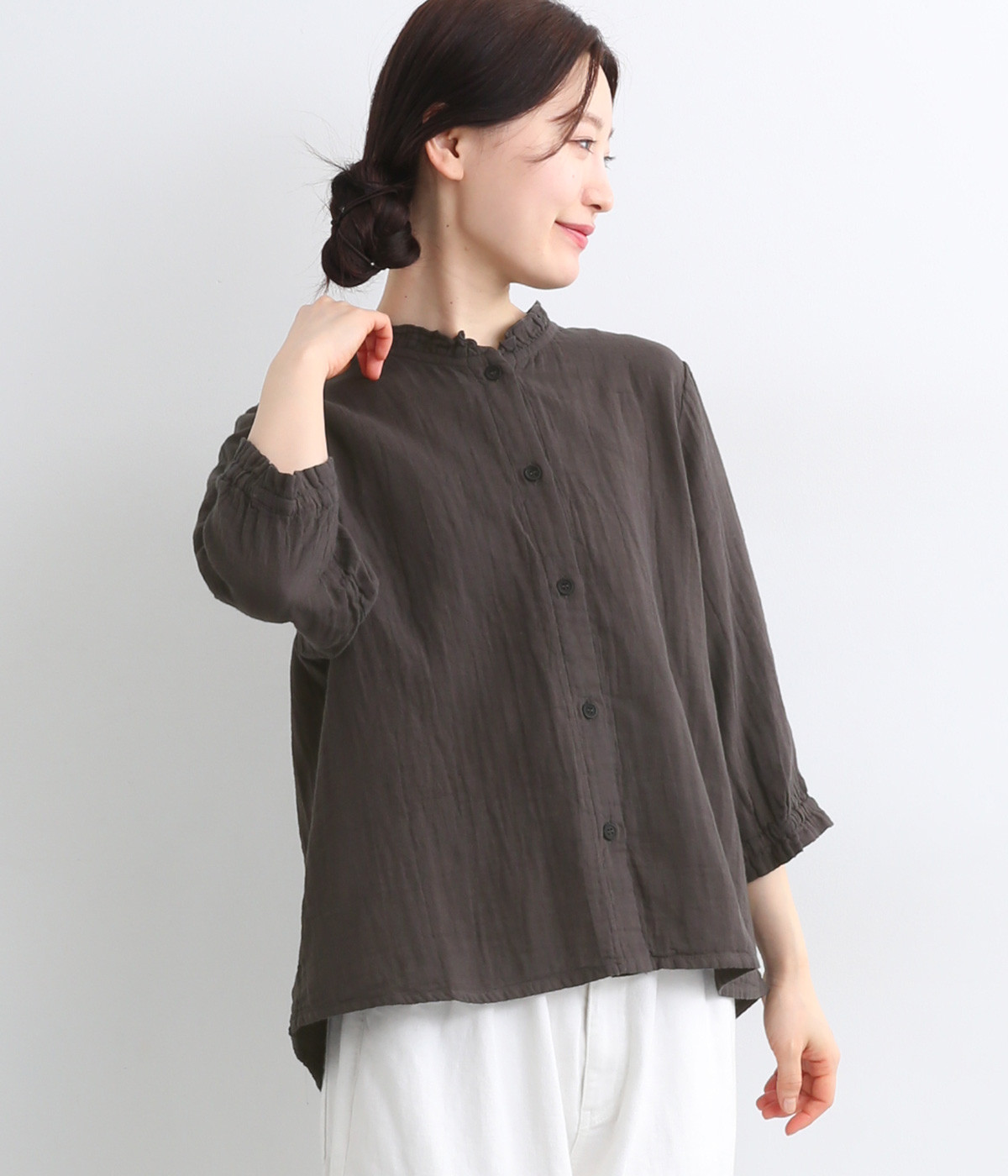Wガーゼ襟ギャザー7分袖ゴムブラウス(スミクロ-ONESIZE)