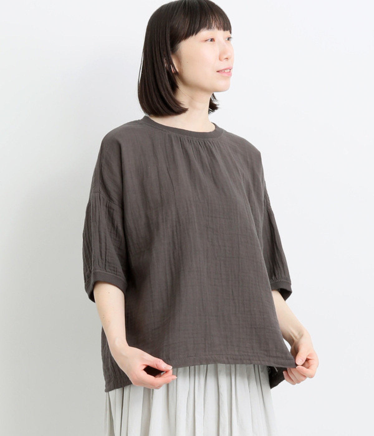 Wガーゼ襟袖リブショートプルオーバー(スミクロ-ONESIZE)