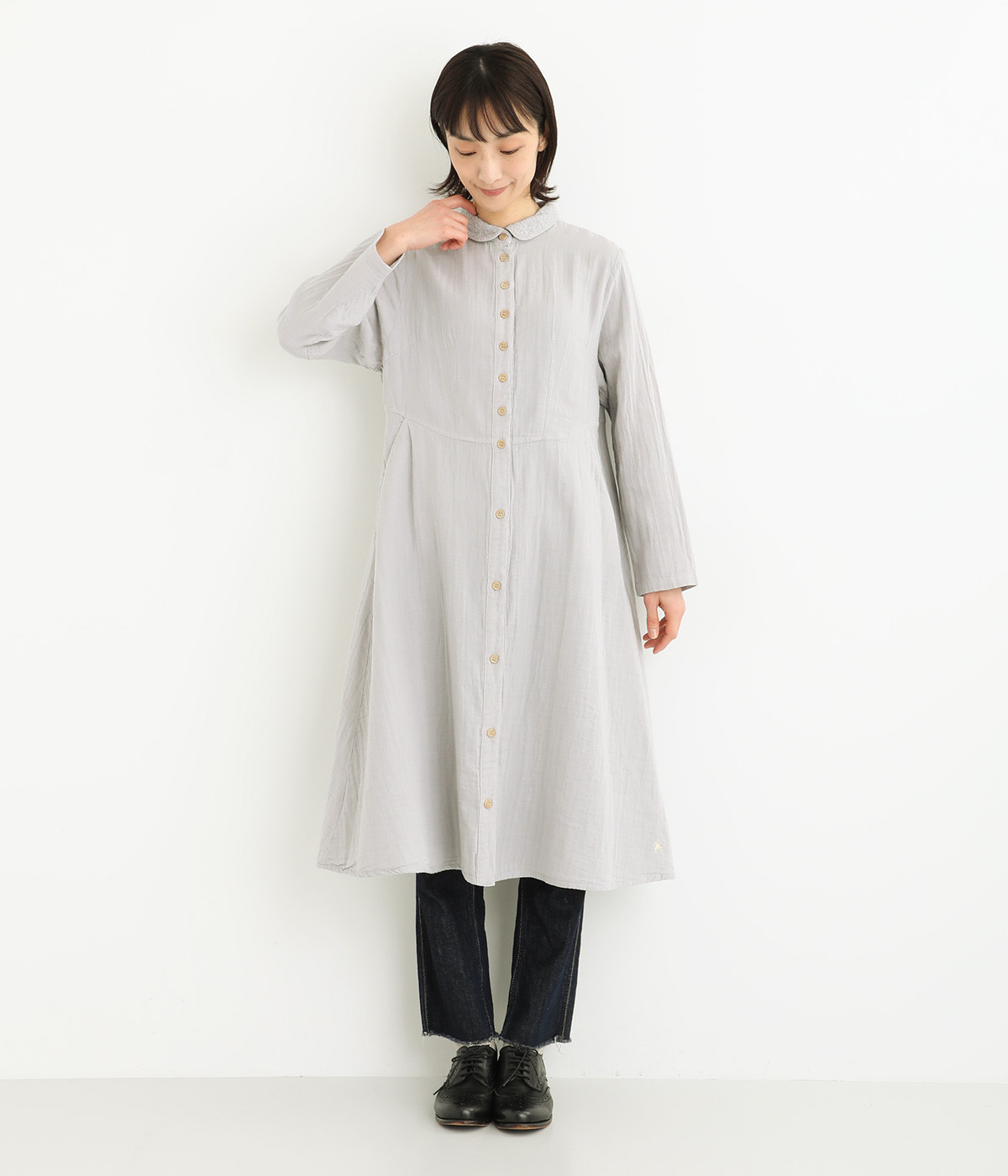 コットンWガーゼ前開き長袖シャツワンピース(ライトグレー-ONESIZE)