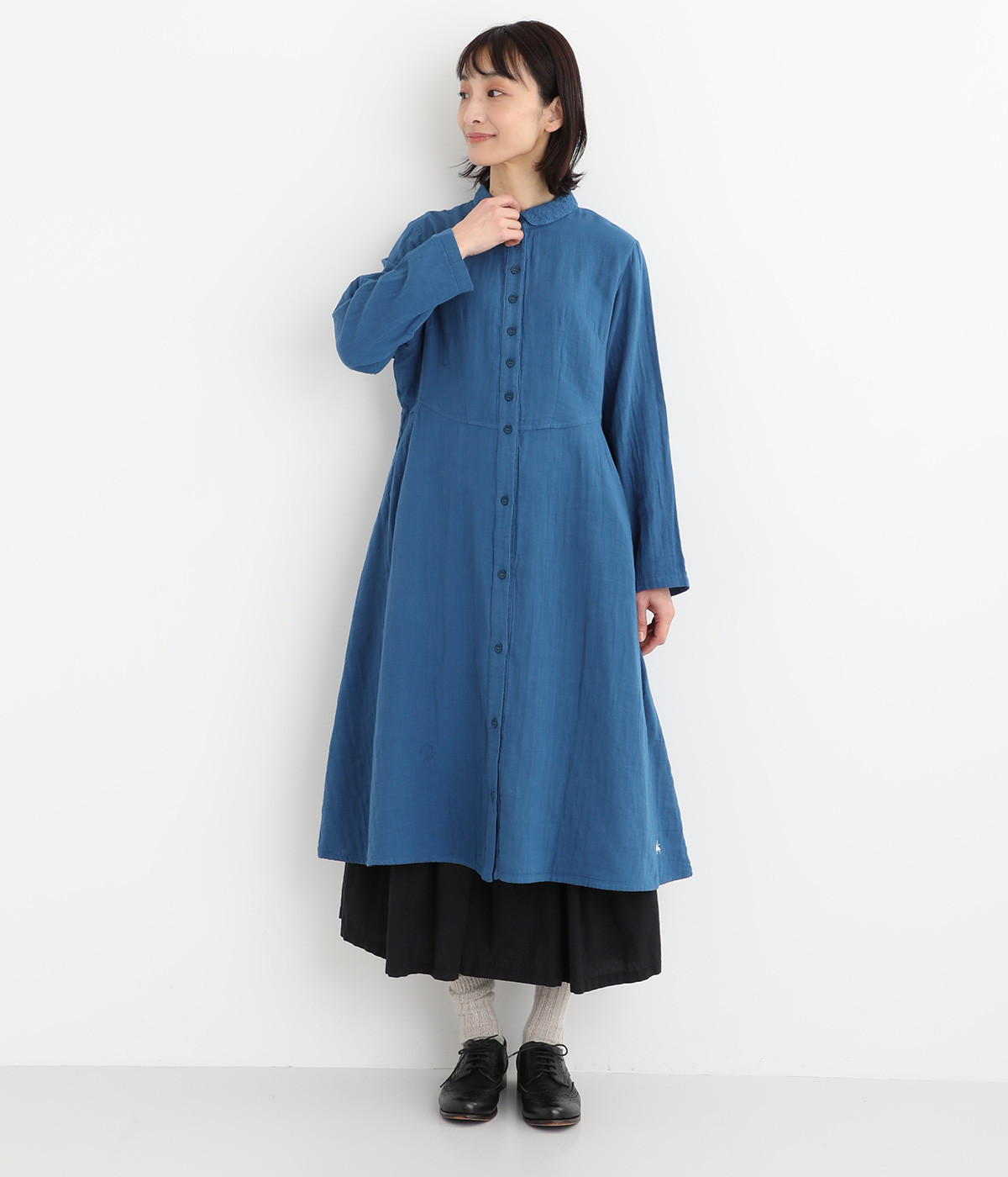 コットンWガーゼ前開き長袖シャツワンピース(ブルー-ONESIZE)