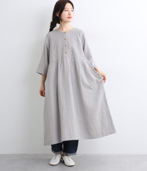 Wガーゼ小花刺繍胸切替ワンピース(ライトグレー-ONESIZE)