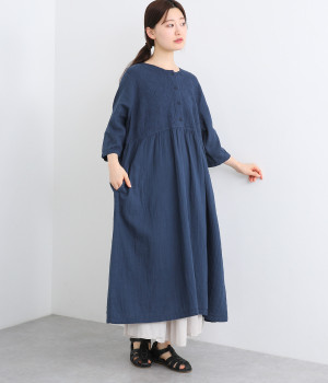 Wガーゼ小花刺繍胸切替ワンピース(夏藍-ONESIZE)