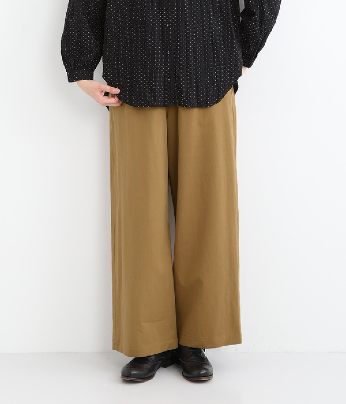コットンリネン高密度ツイルワイドパンツ(ベージュ-ONESIZE)
