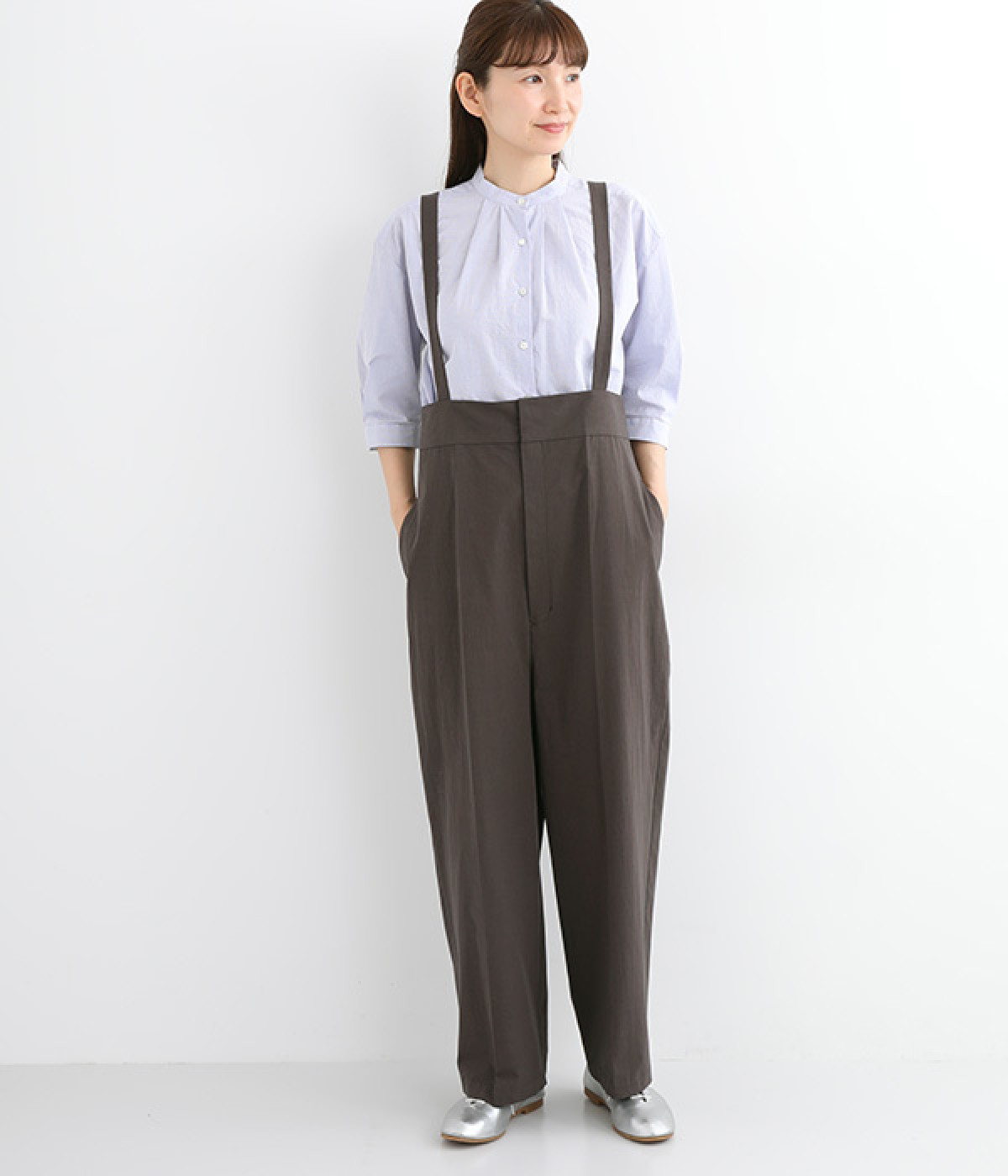 コットンダンプストラップ付ハイウエストパンツ(チャコール-ONESIZE)