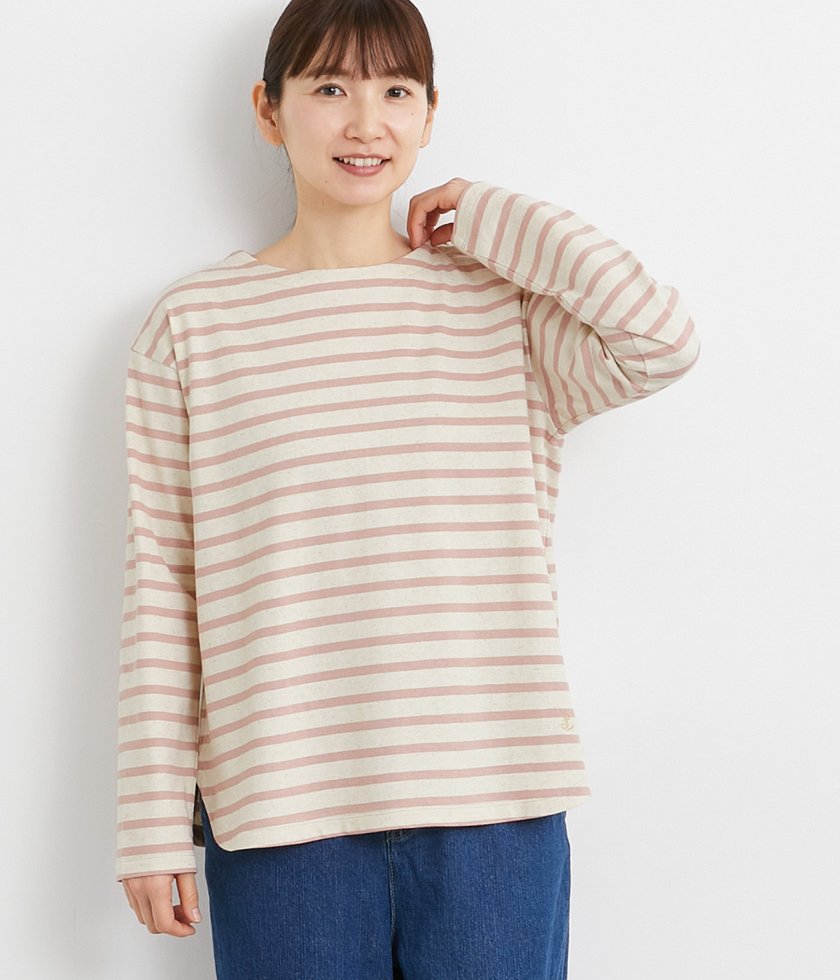 32/2コットンリネン天竺ボーダーロングTシャツ(ピンクボーダー-ONESIZE)