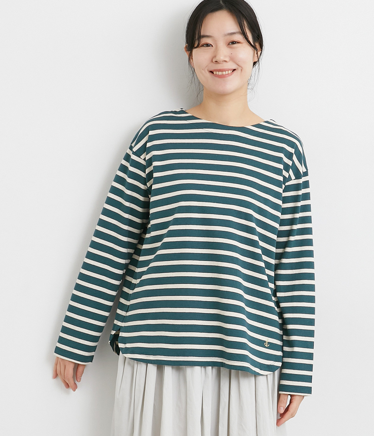 32/2コットンリネン天竺ボーダーロングTシャツ(グリーンボーダー-ONESIZE)
