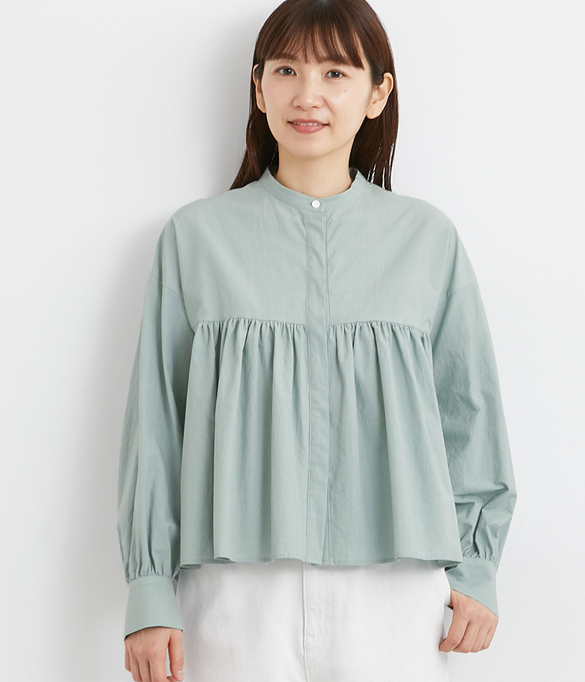 グランジコットンブロードギャザー切替ブラウス(グリーン-ONESIZE)