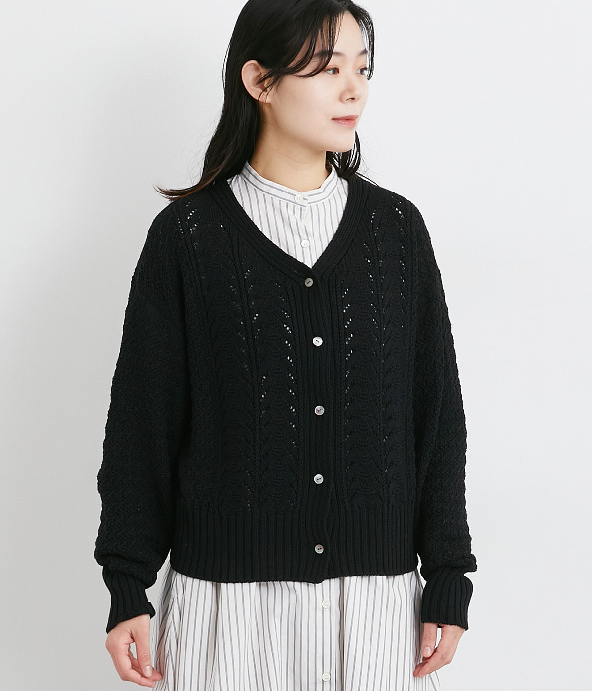エステルコットン地柄2wayカーディガン(ブラック-ONESIZE)