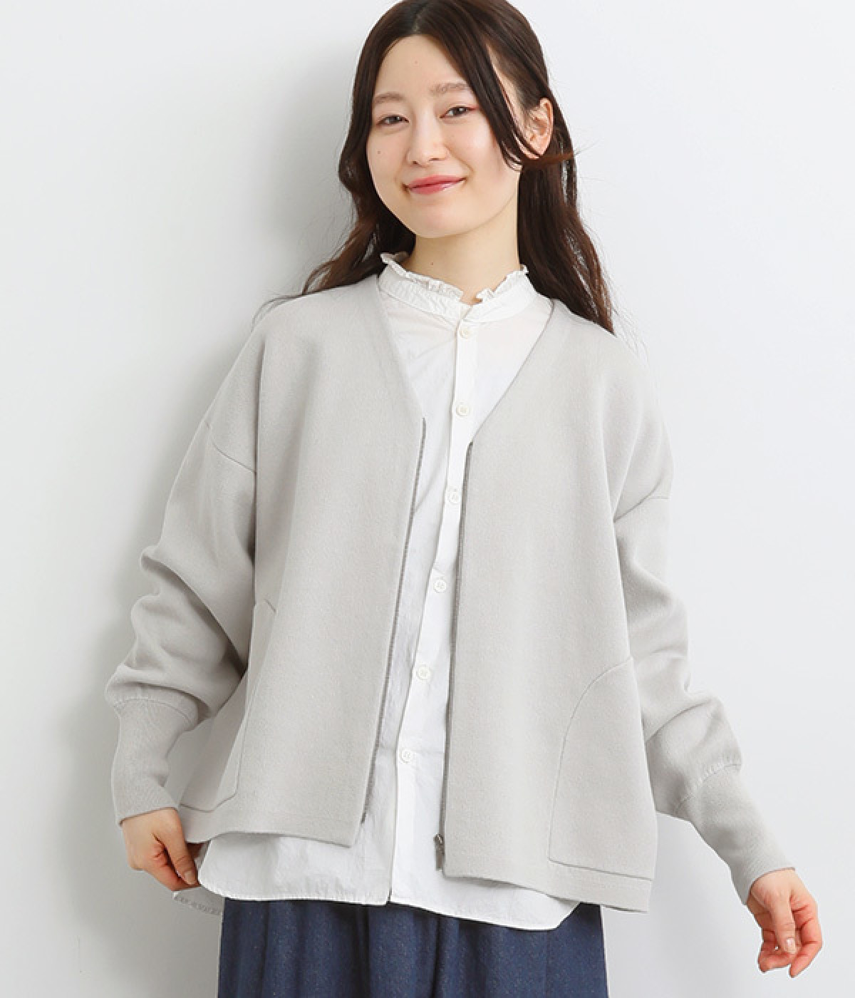 コットン接結ニットカーディガン(グレージュ-ONESIZE)