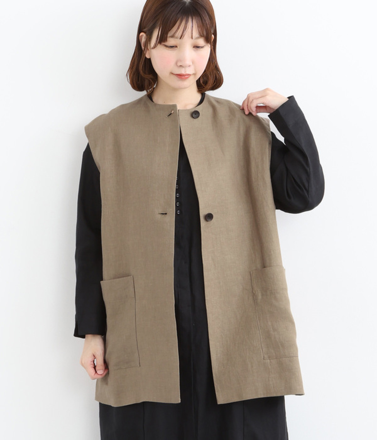 リネンツイルドロップショルダーベスト(ベージュ-ONESIZE)