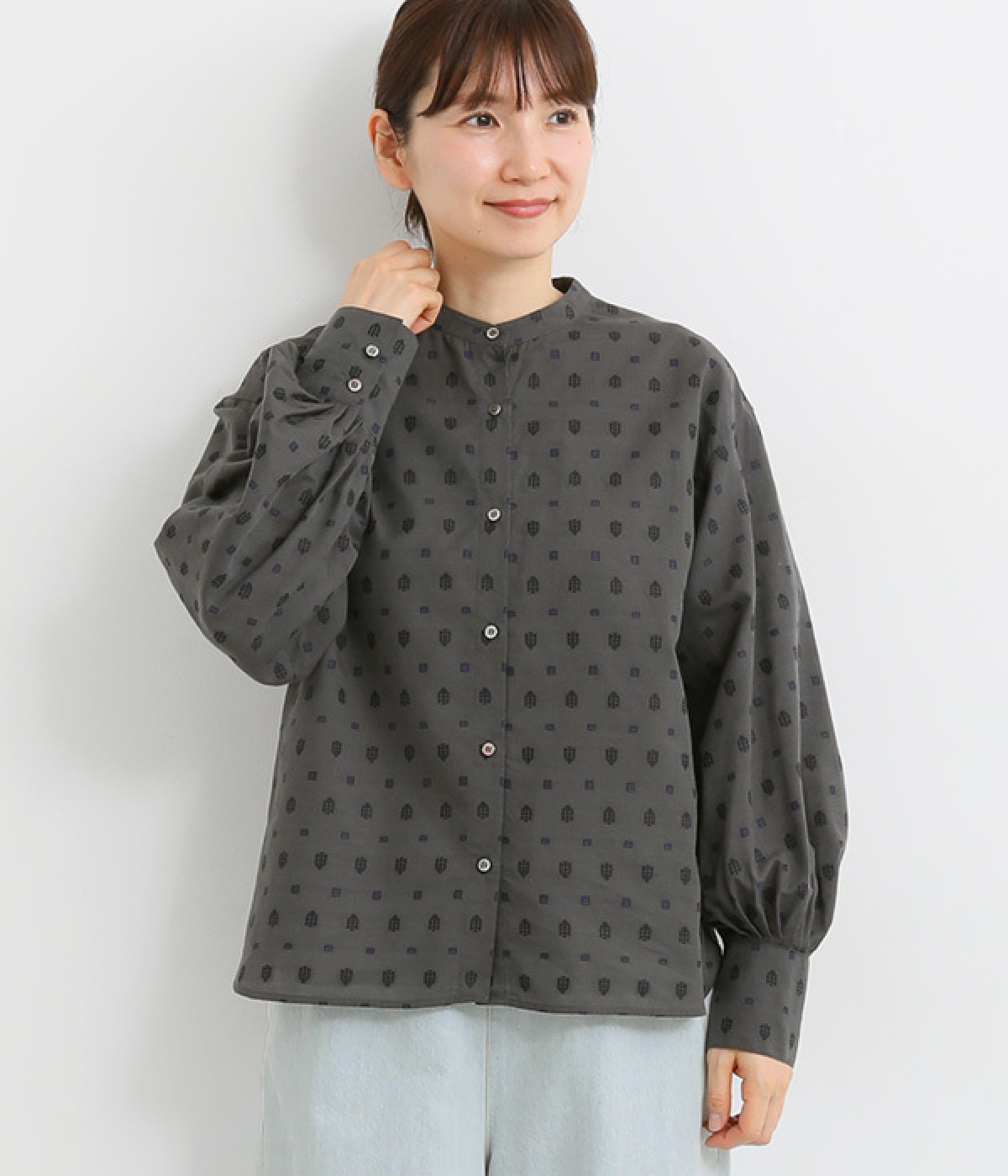 オリジナルジャカードバンドカラーブラウス(グレー系-ONESIZE)