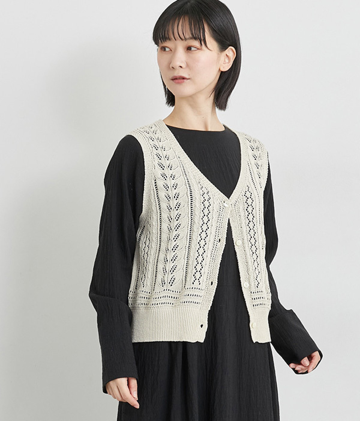 KOYORI　SHION　和紙片畦Vネックベスト(ベージュ-ONESIZE)