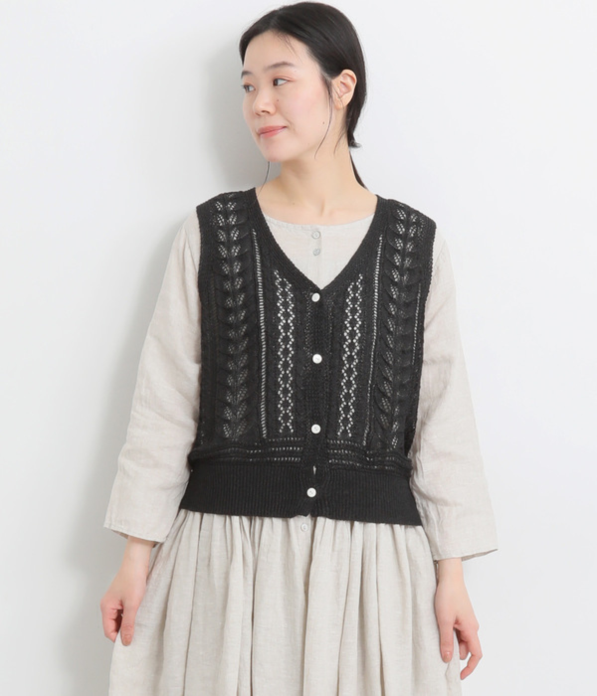 KOYORI　SHION　和紙片畦Vネックベスト(ブラック-ONESIZE)