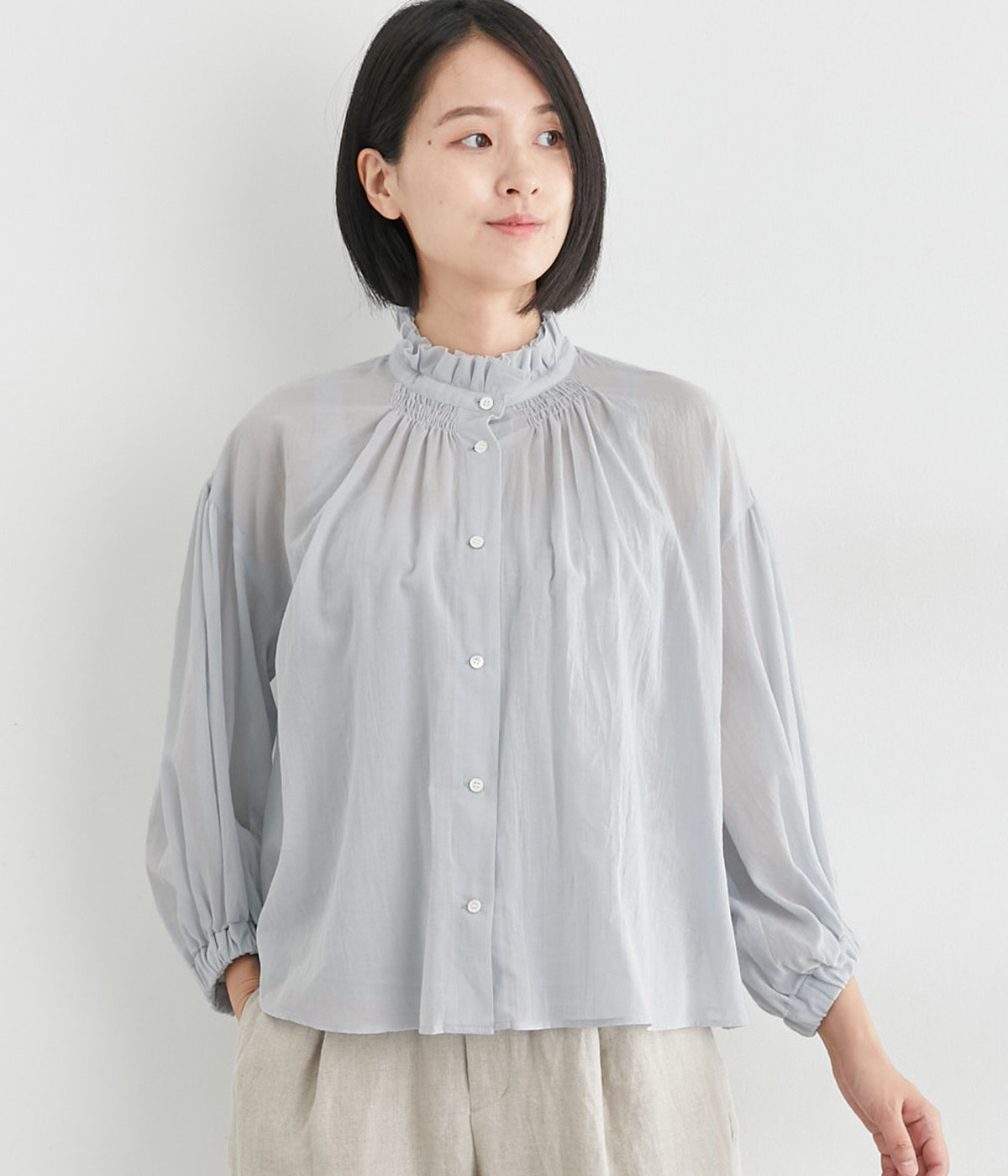 コットンボイルワッシャーブラウス(グレー-ONESIZE)