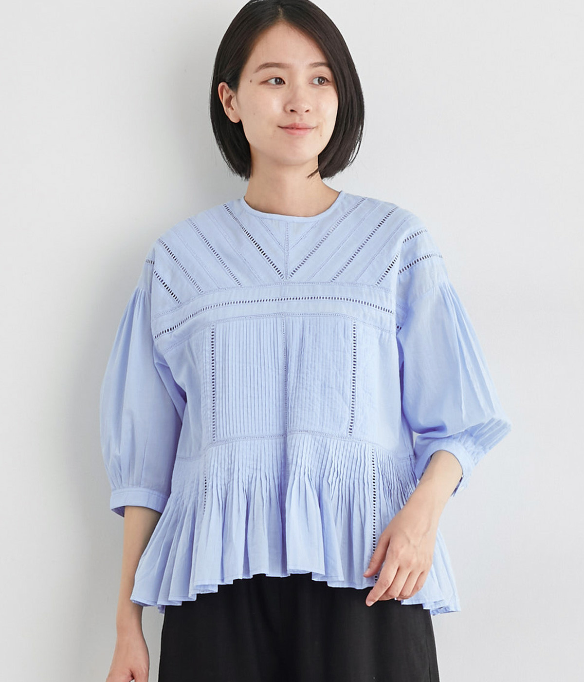 コットンボイルピンタックブラウス(サックス-ONESIZE)