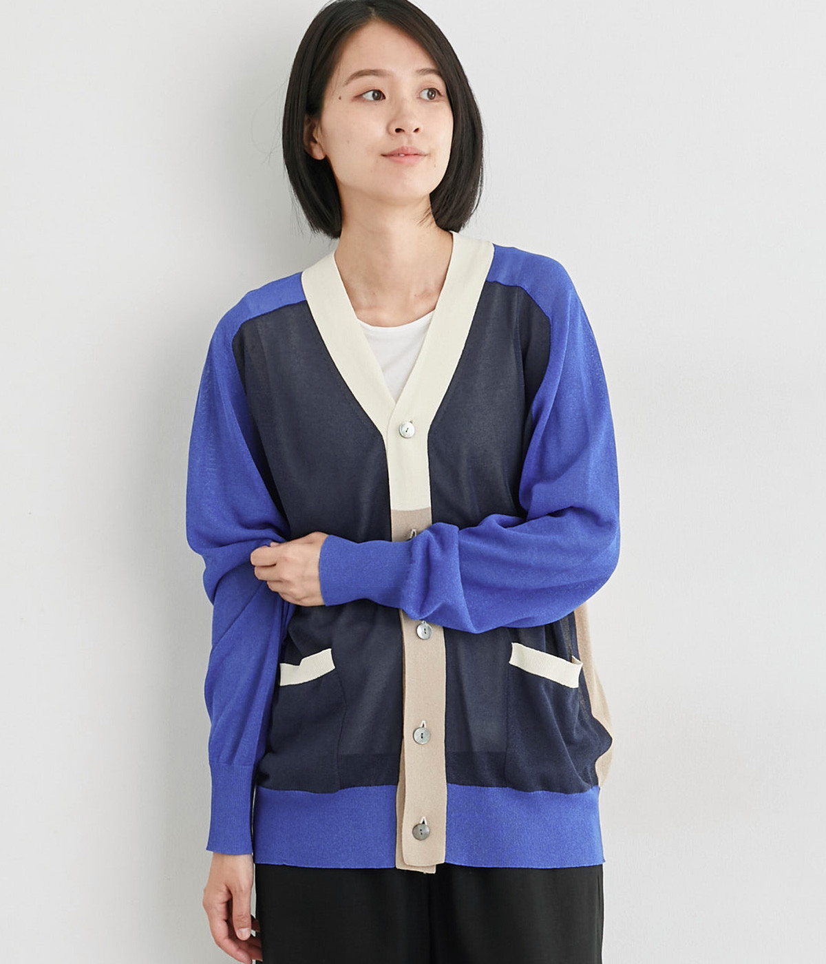 KOYORIPAPER　配色カーディガン(ネイビー-ONESIZE)