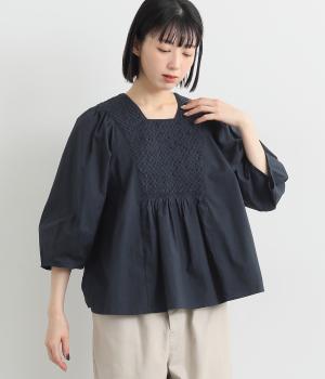 インドハンドスモキッキング刺繍ショートブラウス(ブラック-ONESIZE)