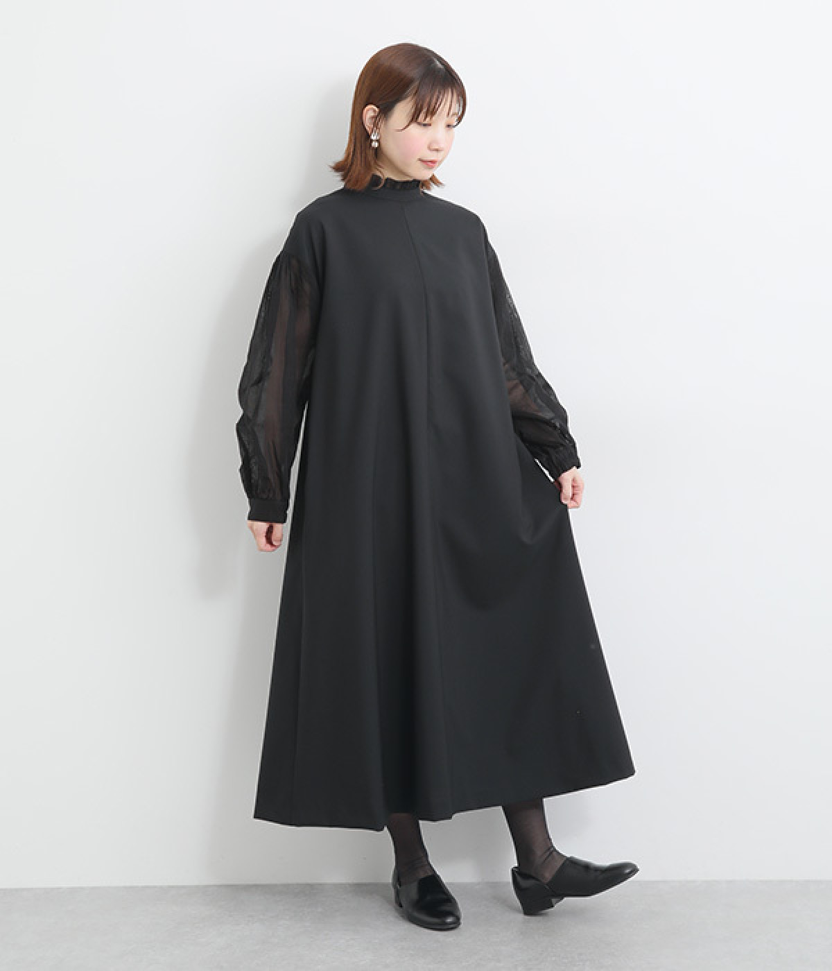 コットンボイルシアー袖ワンピース(ブラック-ONESIZE)