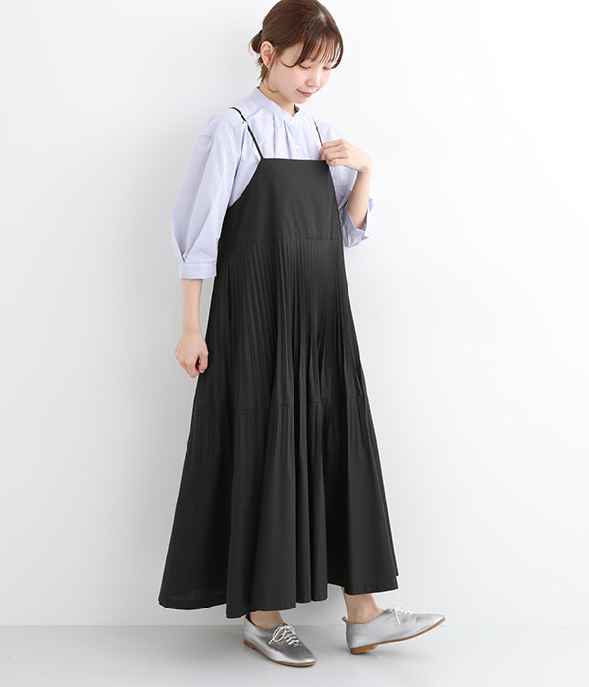 TCポプリンティアードプリーツワンピース(ブラック-ONESIZE)