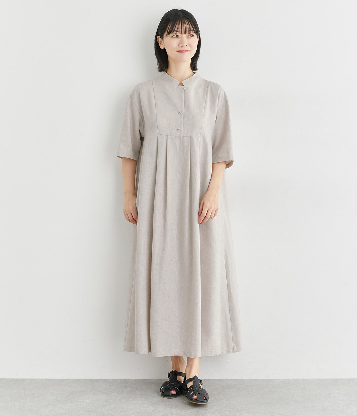 リネンポリエステルヘリンボーン　Aラインワンピース(ヘリンボン-ONESIZE)