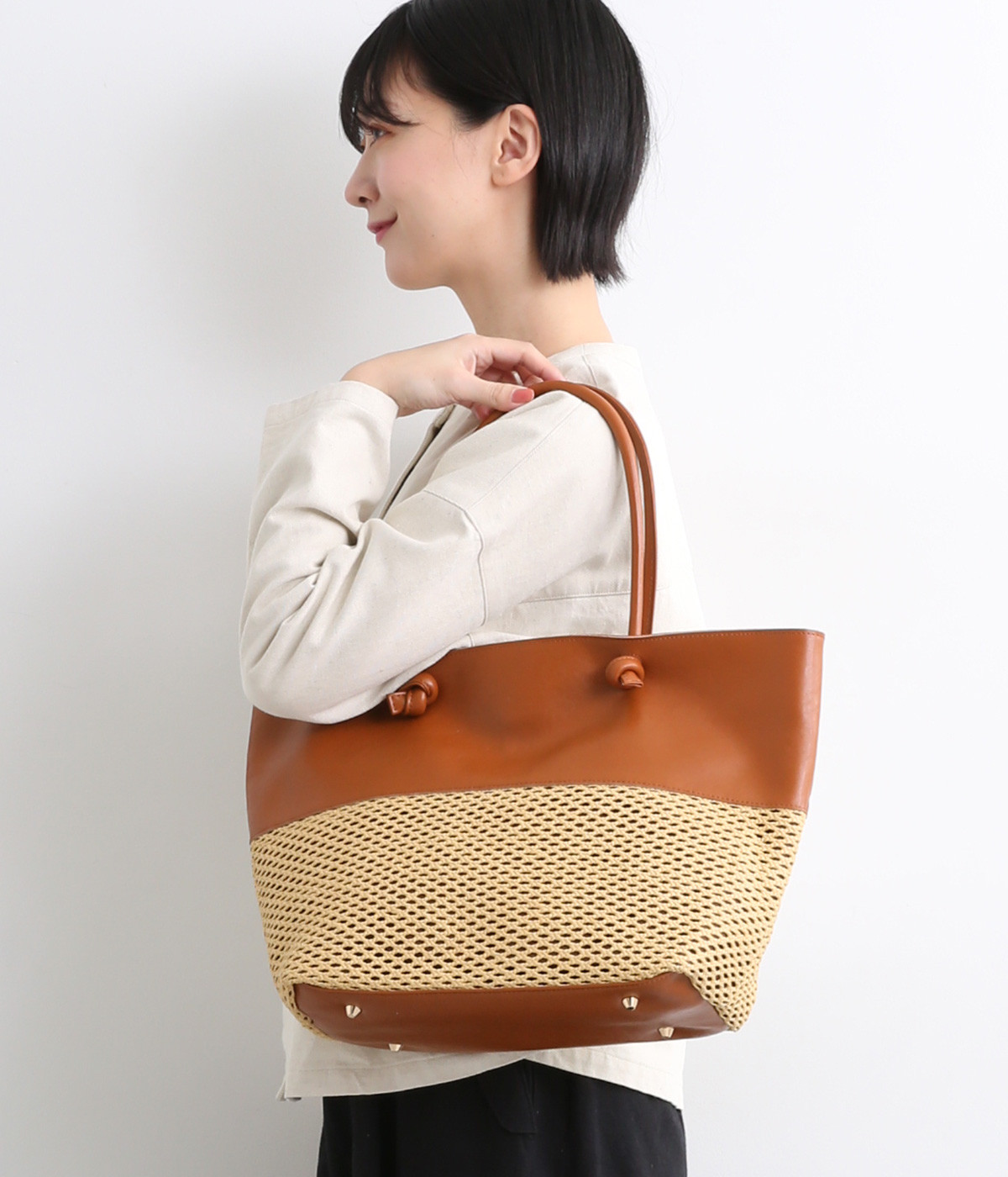 エステルメッシュ　牛革トート(キャメル-ONESIZE)