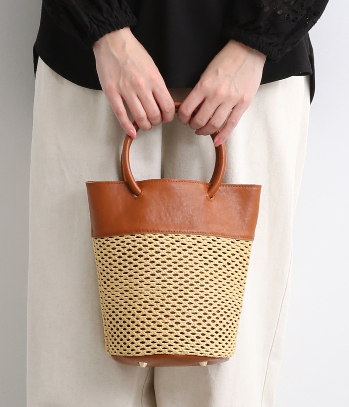 エステルメッシュ　牛革丸手2wayバケツ(キャメル-ONESIZE)