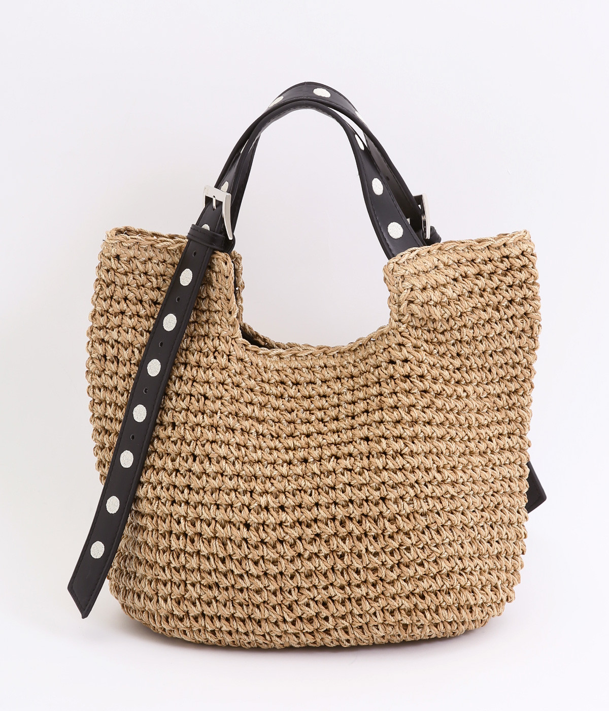ドット刺繍ハンドル　手編みトート(ブラック-ONESIZE)