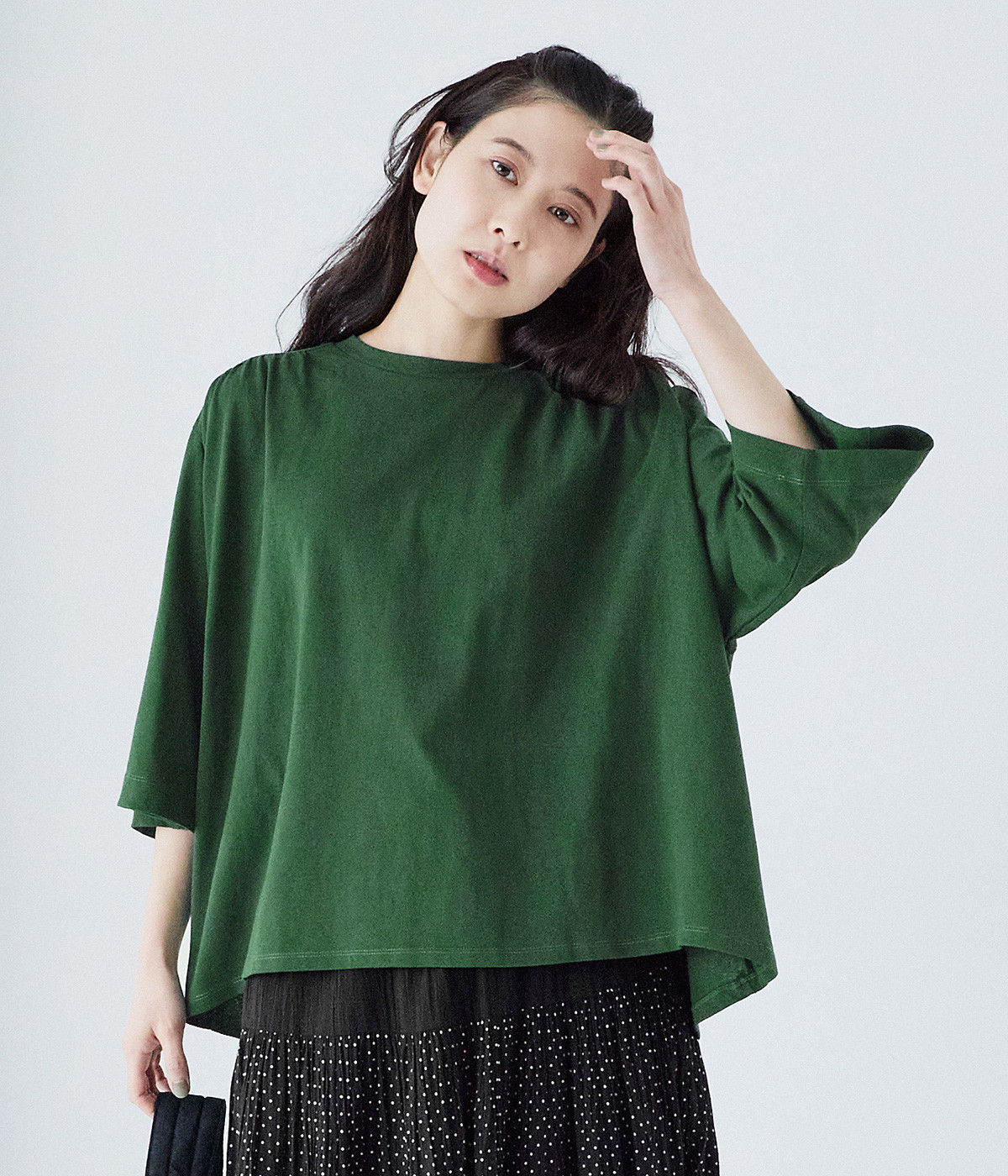 ギャザー5分袖Tシャツ(グリーン-ONESIZE)