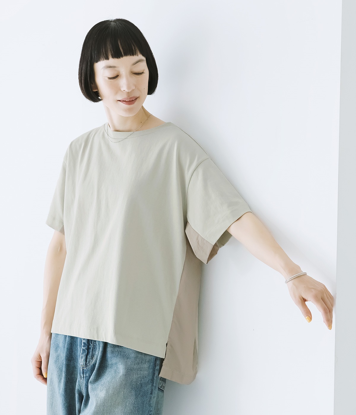 サイド異素材切り替えプルオーバー(ライトグレー-ONESIZE)
