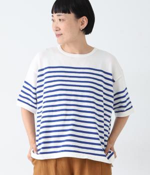 ウォッシャブル半袖ボーダーニット(ホワイト×ブルー-ONESIZE)