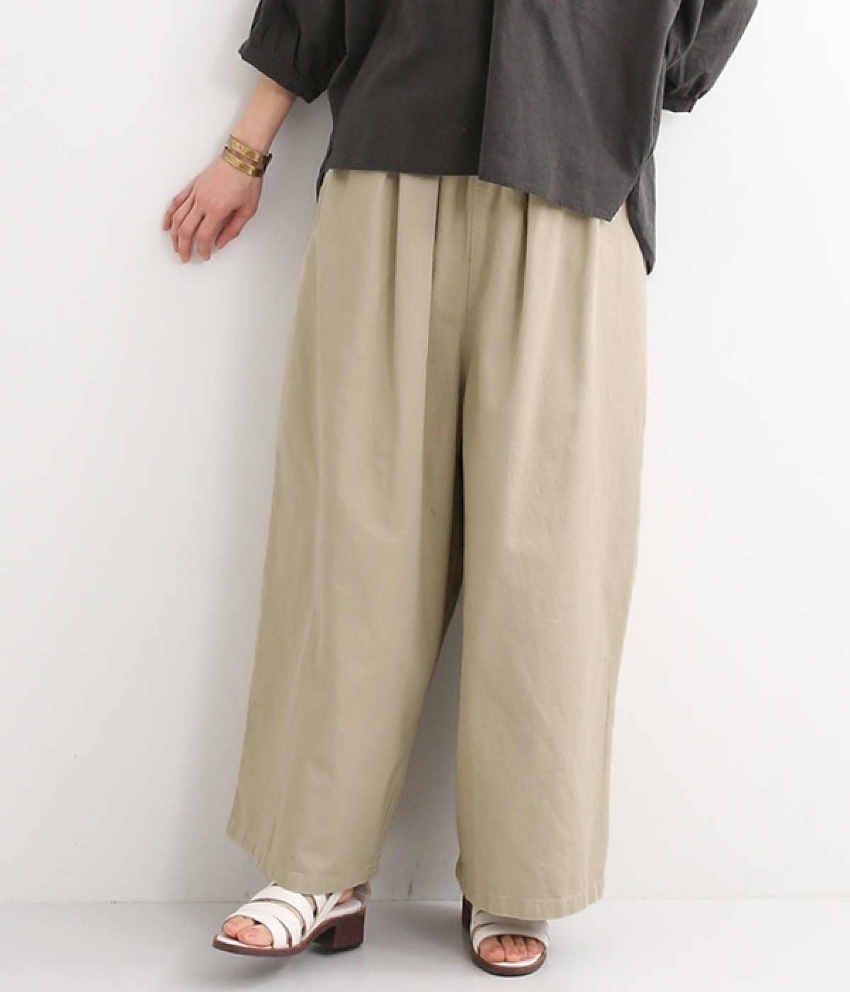 コットンツイル　ワイドパンツ(ライトベージュ-ONESIZE)