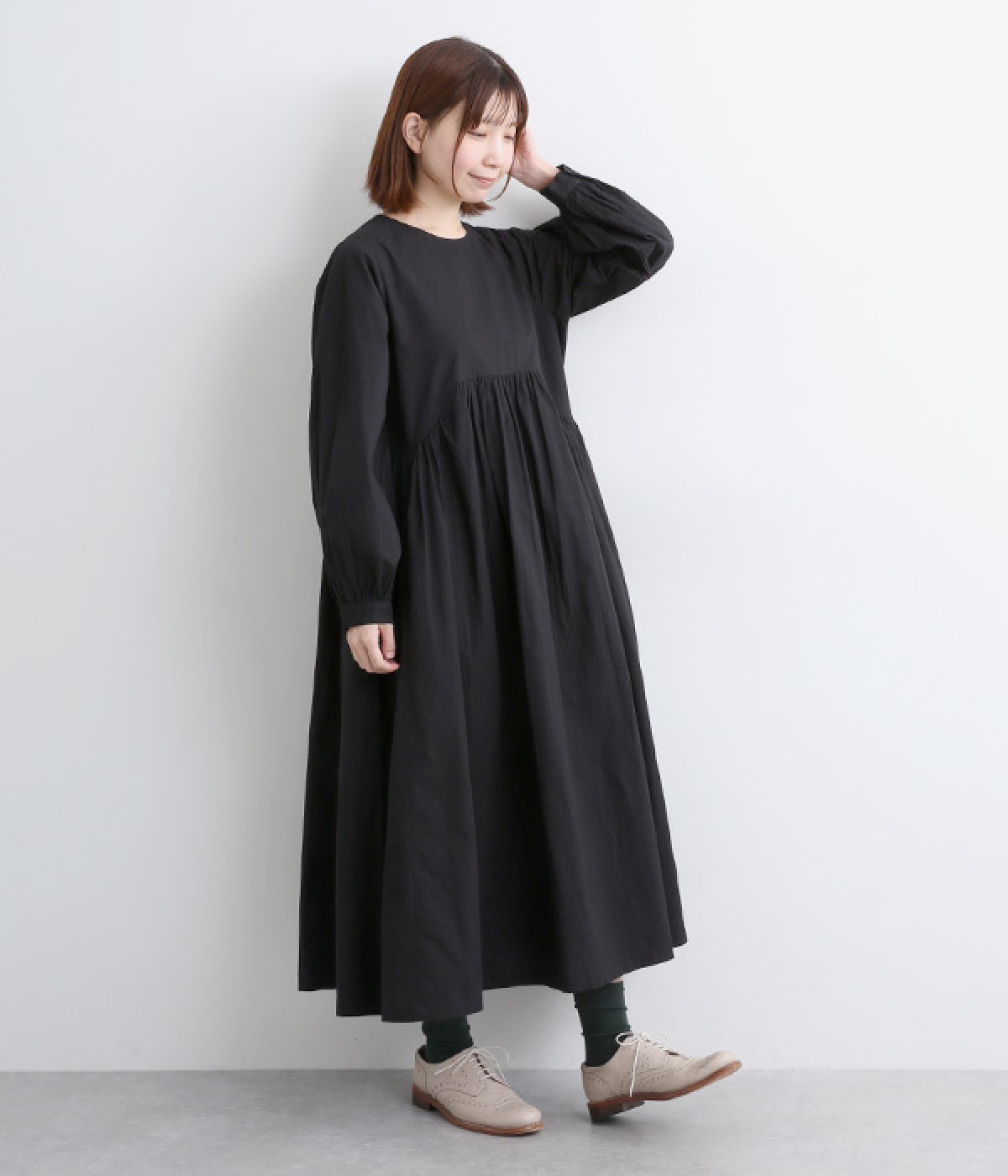 ポプリンウエストラウンド切替ワンピース(ブラック-ONESIZE)