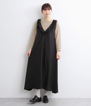 とろみワッシャー襟元フリル付ノースリーブワンピース 着丈125cm