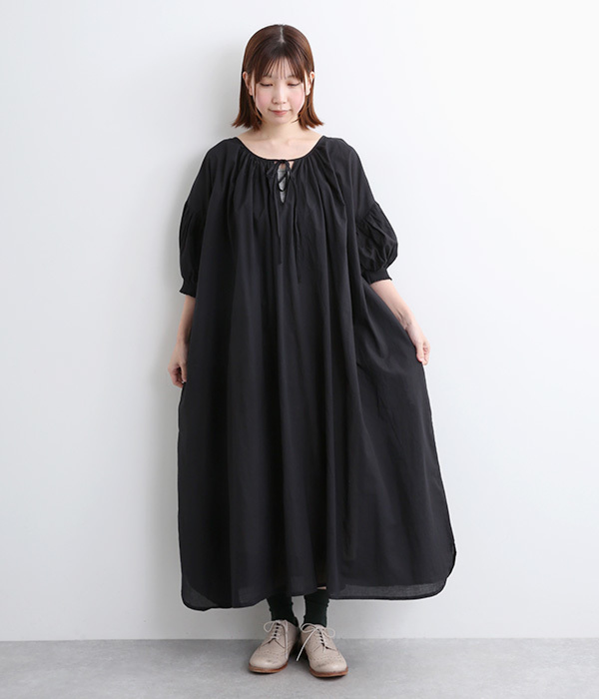 キャンブリック2way7分袖ギャザーワンピース(ブラック-ONESIZE)