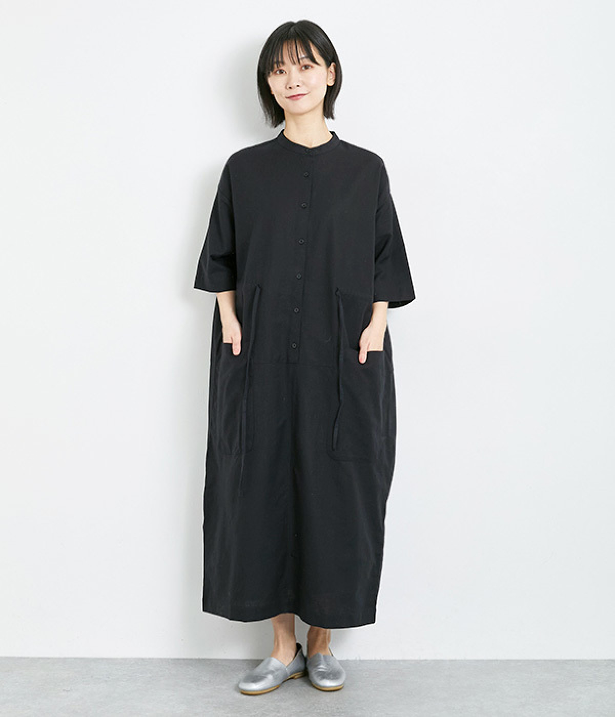 コットンリネンビックポケットシャツワンピース(ブラック-ONESIZE)