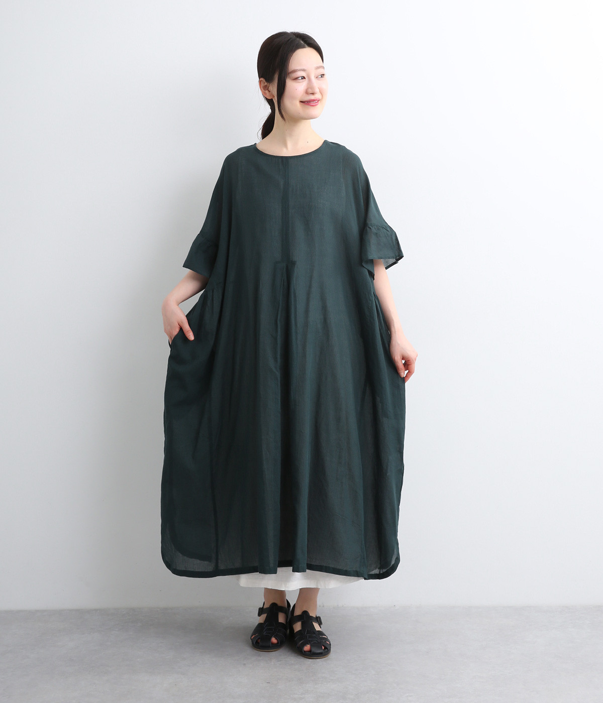 先染めコットン2wayフレア袖パネル切替ワンピース(グリーン-ONESIZE)
