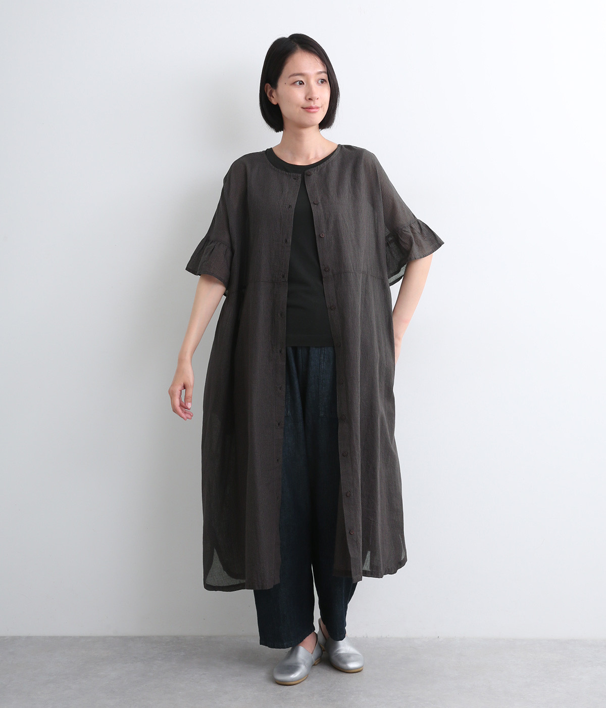 先染めコットン2wayフレア袖パネル切替ワンピース(チャコールグレー-ONESIZE)