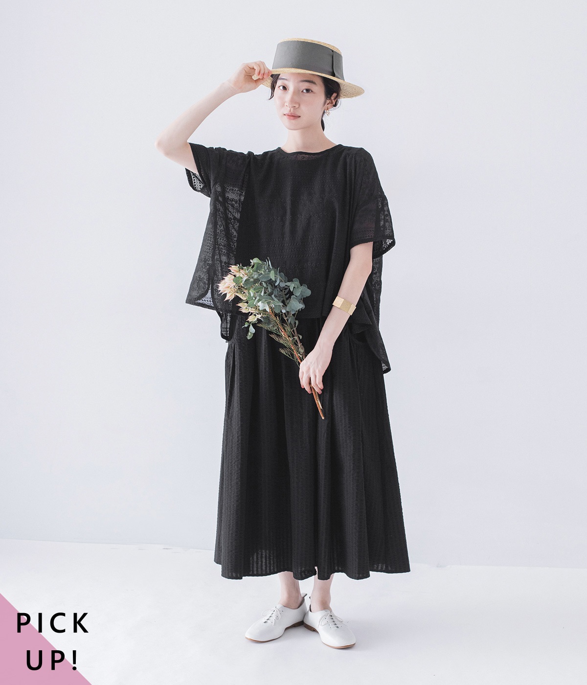 刺繍プルオーバーとノースリーブワンピース2点セット(ブラック×ブラック-ONESIZE)