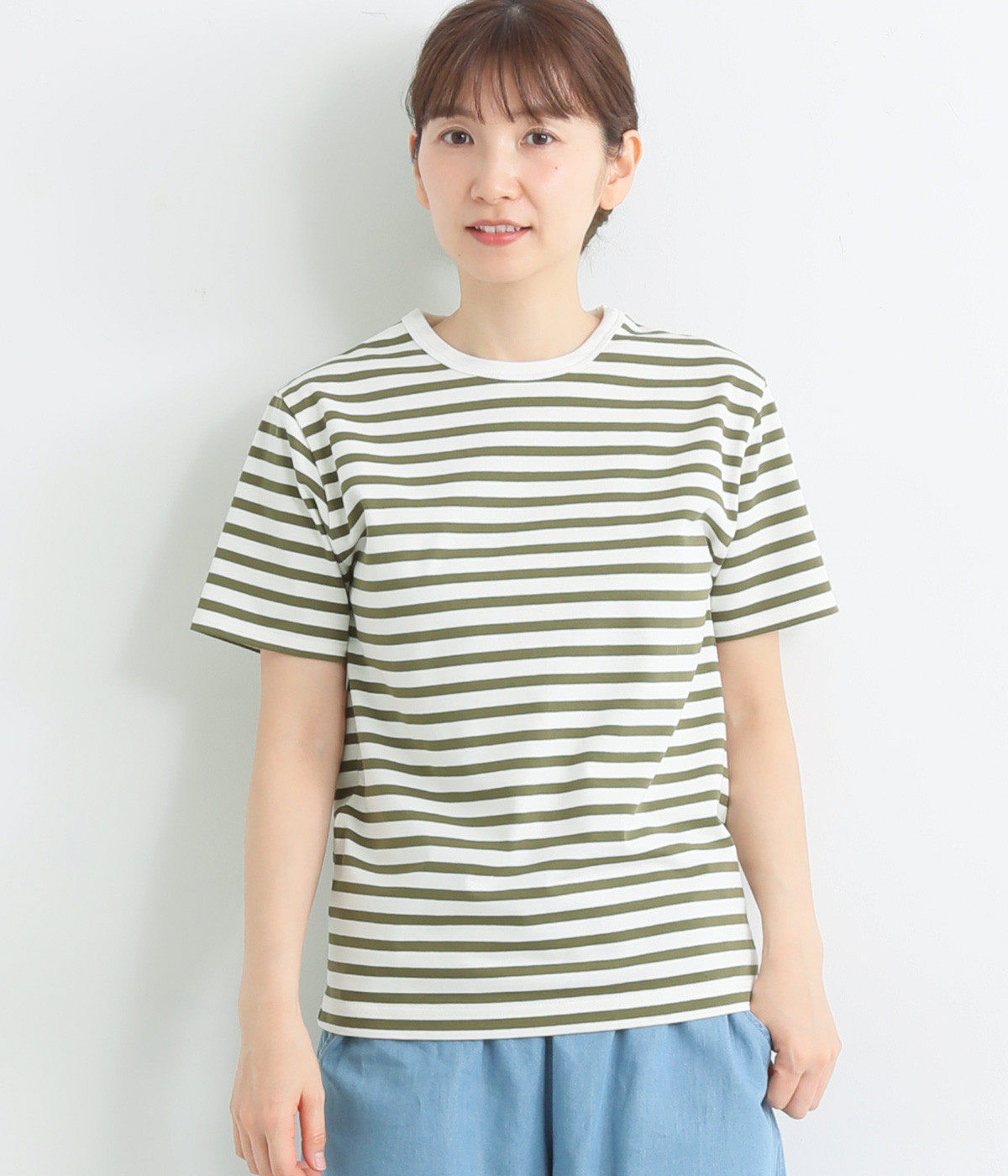 【A.U.G. relaxing】天竺　半袖ボーダークルーネックTシャツ(オフ×オリーブ-ONESIZE)