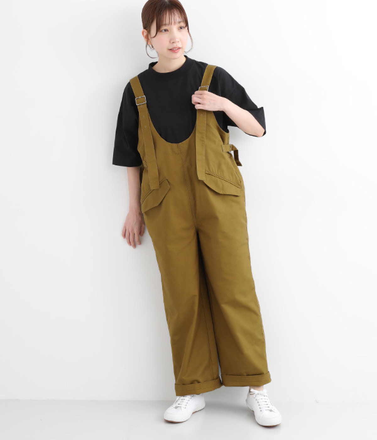 コットンテンセルツイルUネックサロペット(カーキベージュ-ONESIZE)