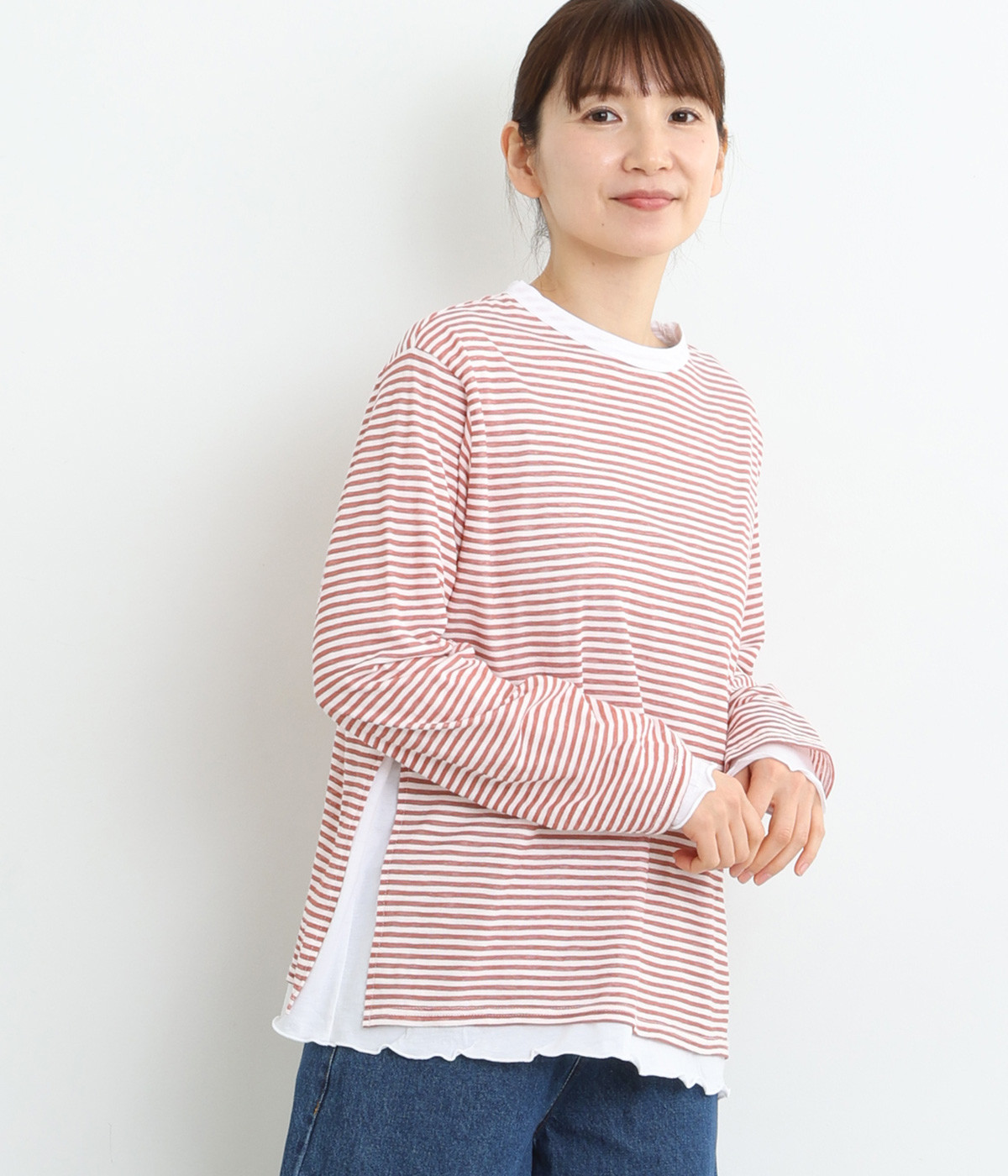 シアーボーダー×シアー天竺レイヤードTee(オフ×レッド-ONESIZE)