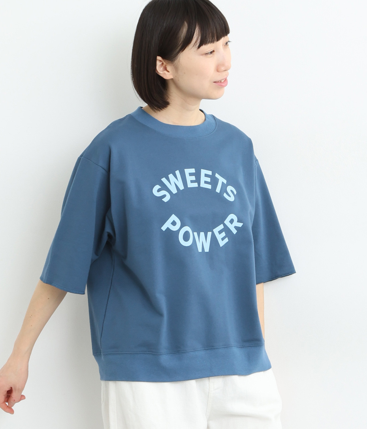 コットンフレンチテリー6分袖プリントスウェット(グレイッシュブルー-ONESIZE)
